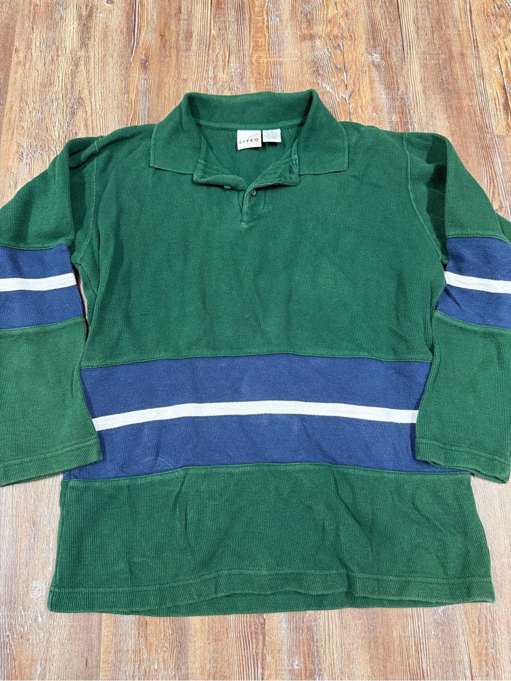 Vintage Circo green cotton rugby shirt with blue and white horizontal stripes on